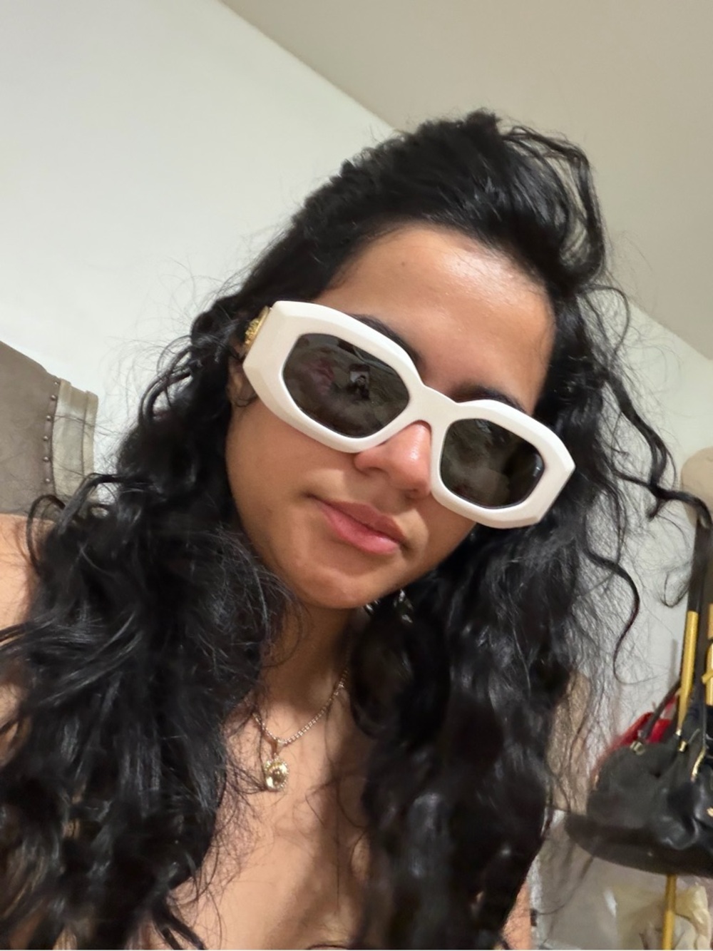 Versace White Geometric Frame Sunglasses with Dark Lenses